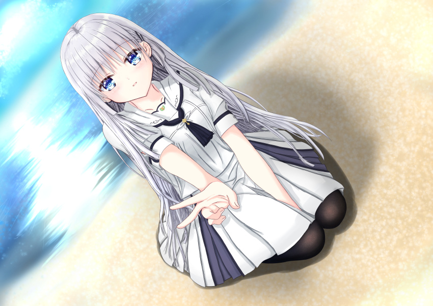 1girl absurdres ascot beach between_legs black_ascot blue_eyes blunt_ends blush commentary day dutch_angle eyelashes eyes_visible_through_hair full_body hair_between_eyes hair_ornament hairclip hand_between_legs highres hinoue_itaru_(style) long_hair looking_at_viewer mao_sirahama naruse_shiroha ocean open_mouth outdoors outstretched_arm pleated_skirt puffy_short_sleeves puffy_sleeves sailor_collar school_uniform seiza shadow shirt short_sleeves sidelocks sitting skirt smile solo straight-on straight_hair summer_pockets v very_long_hair white_hair white_sailor_collar white_shirt white_skirt