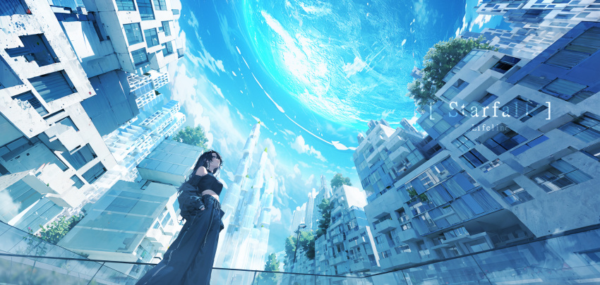 1girl absurdres bare_shoulders black_hair black_jacket black_pants blue_eyes breasts building city clouds crop_top english_text feet_out_of_frame from_below highres jacket large_breasts lifeline_(a384079959) long_hair long_sleeves looking_up midriff off_shoulder open_clothes open_jacket original pants planet railing solo standing