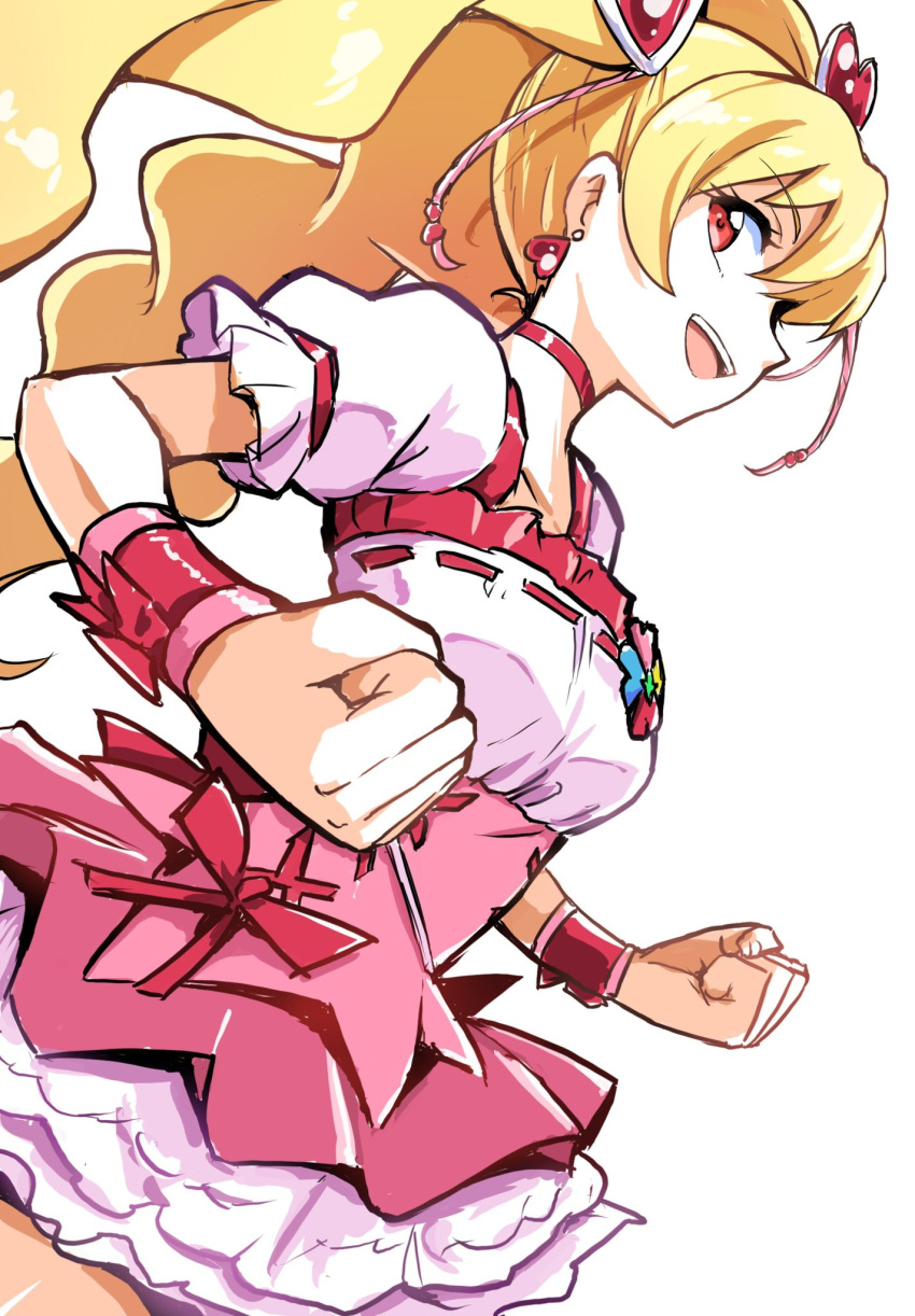 1girl blonde_hair clenched_hand cure_peach dress earrings fresh_precure! highres jewelry looking_at_viewer looking_to_the_side momozono_love open_mouth pink_dress precure puffy_short_sleeves puffy_sleeves red_eyes short_sleeves smile solo teeth twintails upper_teeth_only uraki white_background