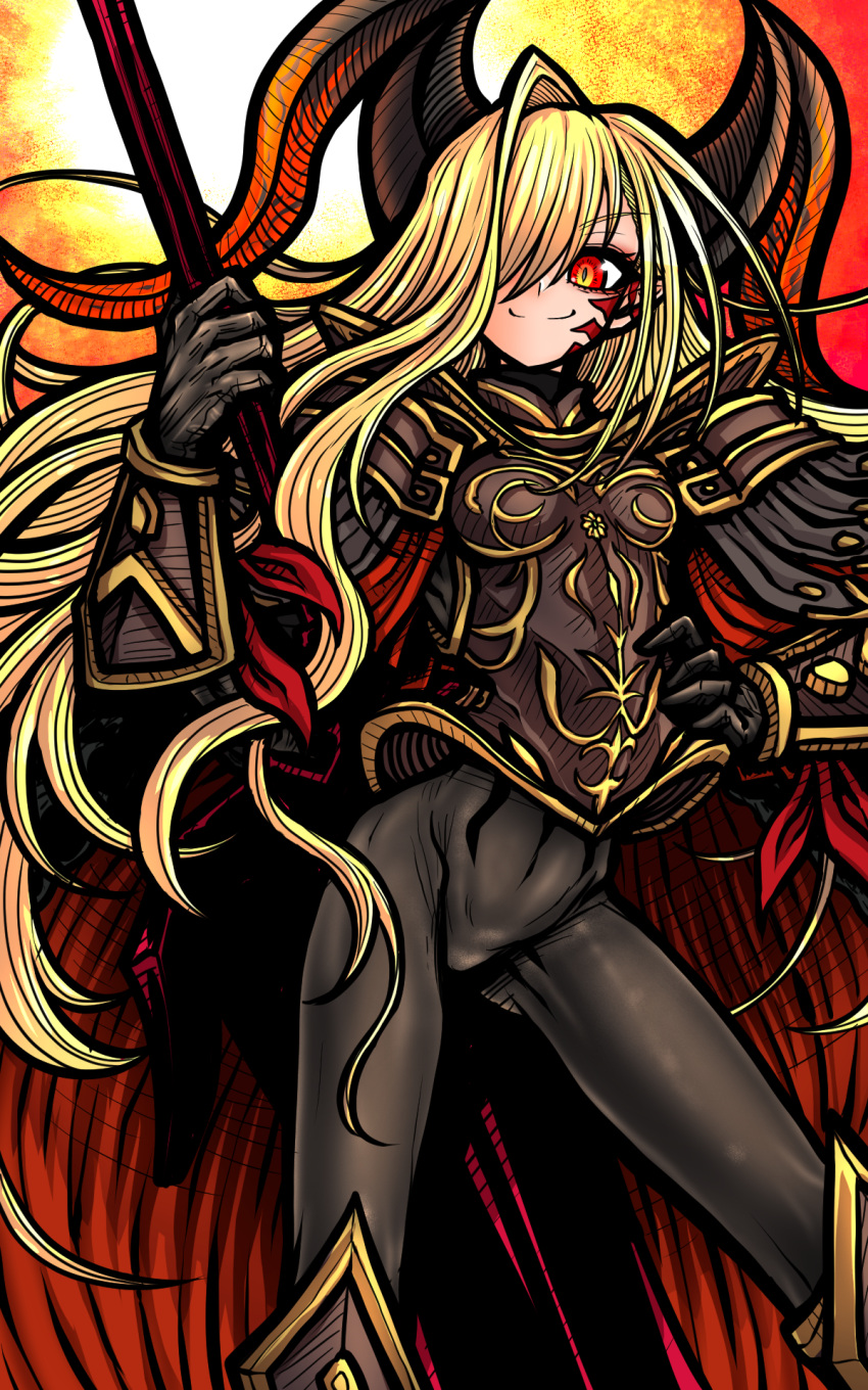 1girl armor armored_bodysuit black_armor black_bodysuit black_gloves black_horns blonde_hair bodysuit commentary_request dragon_horns facial_mark fate/grand_order fate_(series) feet_out_of_frame gloves hair_over_one_eye highres holding holding_weapon horns long_hair long_horns looking_at_viewer nazo_no_diaboro nero_claudius_(fate) pointy_ears queen_draco_(fate) queen_draco_(third_ascension)_(fate) red_eyes smile solo very_long_hair weapon