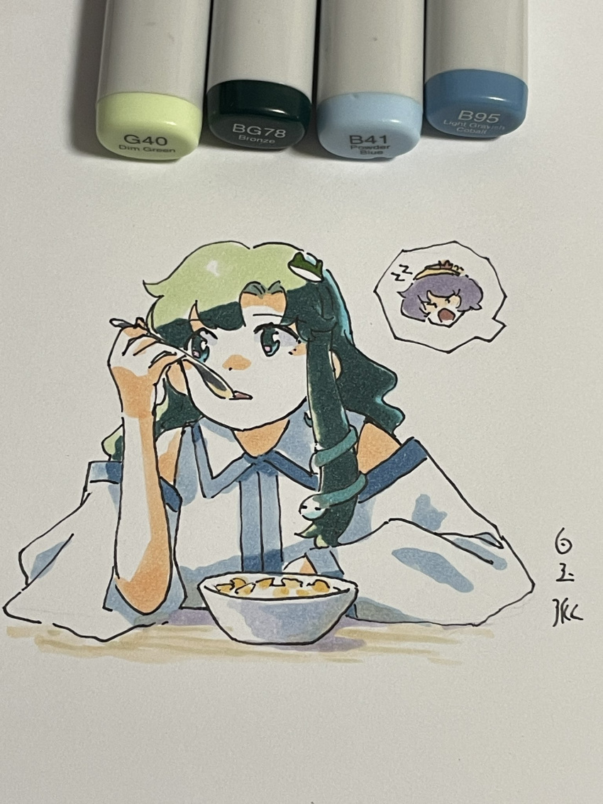 1girl arms_on_table art_tools_in_frame cereal collared_shirt corn_flakes detached_sleeves expressionless frog_hair_ornament green_eyes green_hair hair_ornament hand_up highres holding holding_spoon kochiya_sanae long_hair looking_afar looking_to_the_side marker marker_(medium) open_mouth photo_(medium) shiratama_(hockey) shirt shout_lines shouting signature single_sidelock sleeveless sleeveless_shirt snake_hair_ornament speech_bubble spoken_character spoon touhou traditional_media utensil_in_mouth white_shirt white_sleeves yasaka_kanako