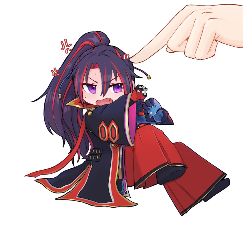 1boy 1other anger_vein asymmetrical_gloves bell-bottoms black_hair chibi disembodied_limb duel_monster ei_(tdnei666) fang gloves hands_up highres jacket japanese_clothes kashtira_riseheart long_hair male_focus mismatched_gloves multicolored_hair open_clothes open_jacket open_mouth redhead shoes streaked_hair violet_eyes wide_sleeves yu-gi-oh!