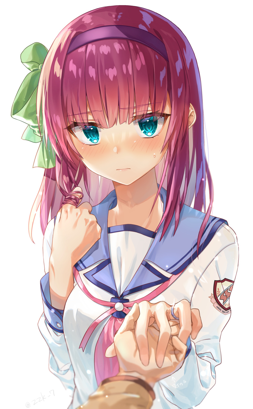 1boy 1girl absurdres angel_beats! aqua_eyes black_hairband blue_sailor_collar blunt_bangs blush bow closed_mouth commentary_request eyelashes eyes_visible_through_hair frown glint green_bow hair_bow hairband hand_up highres holding_hands jewelry light_purple_hair lips long_hair long_sleeves looking_at_viewer medium_hair nakamura_yuri neckerchief nose_blush pink_neckerchief playing_with_own_hair pov pov_hands ring sailor_collar shinda_sekai_sensen_uniform shirt shy simple_background solo_focus straight-on straight_hair sweatdrop twitter_username upper_body upturned_eyes wedding_ring white_background white_shirt zuzuhashi