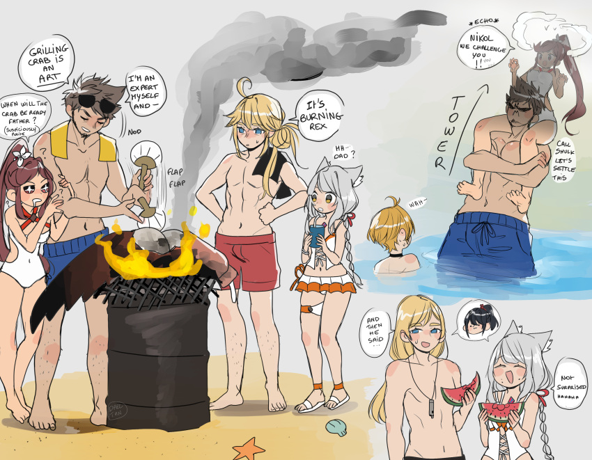 +_+ abs absurdres ahoge animal_ears beach bikini blue_eyes blue_male_swimwear blue_swim_trunks braid brown_eyes brown_hair cat_ears chest_jewel crab crys_(xenoblade) dadeltan day drooling drum_(container) family fire grey_hair hair_bun hand_fan highres leg_hair legband long_hair low-tied_long_hair male_swimwear mio_(xenoblade) nikol_(xenoblade) noah_(xenoblade) ocean outdoors paper_fan ponytail red_male_swimwear red_swim_trunks redhead sand sandals shaded_face sitting_on_shoulder smoke spoken_character swim_trunks swimsuit towel towel_around_neck uchiwa xenoblade_chronicles_(series) xenoblade_chronicles_3 xenoblade_chronicles_3:_future_redeemed yellow_eyes