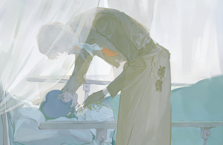 2boys bed blonde_hair blue_eyes blue_hair char_aznable closed_mouth colored_eyelashes curtains english_commentary eye_contact eyewear_in_pocket eyewear_removed flower gundam gundam_zz hand_on_another's_chest highres hospital hospital_bed indoors kamille_bidan lily_(flower) long_sleeves looking_at_another lying male_focus multiple_boys on_back parted_lips pillow pulppunk001 red_shirt shirt short_hair standing sunglasses under_covers white_flower white_shirt