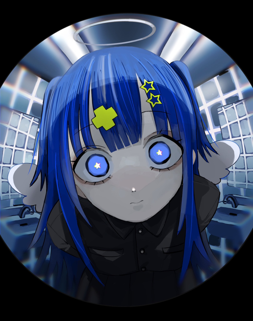 1girl angel angel_wings blue_eyes blue_hair closed_mouth fisheye hair_ornament halo highres leaning_forward long_hair looking_at_viewer original restroom solo star-shaped_pupils star_(symbol) star_hair_ornament straight_hair symbol-shaped_pupils two_side_up upper_body urokogaran white_wings wings x_hair_ornament