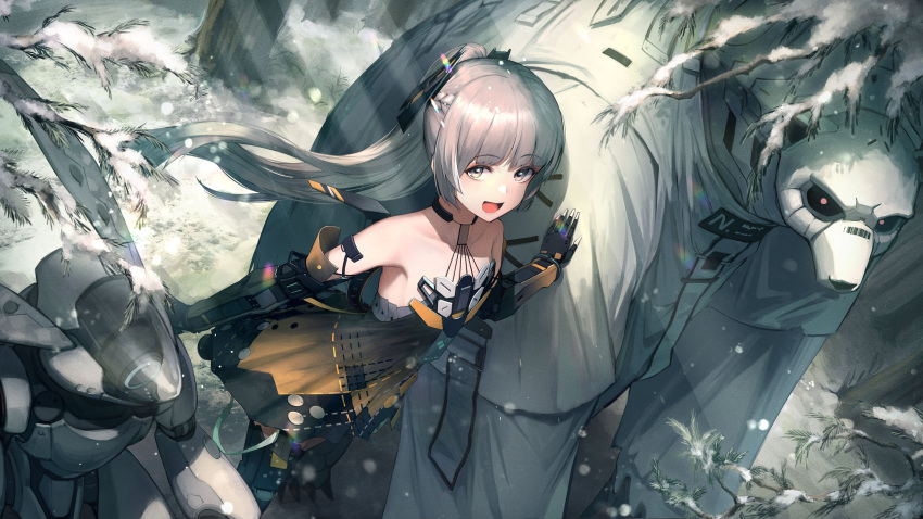 1girl 2others absurdres bare_shoulders black_dress dress flat_chest grey_hair hand_on_another's_shoulder happy highres itaco long_hair martin_(punishing:_gray_raven) mechanical_arms mechanical_legs multiple_others nanami:_pulse_(punishing:_gray_raven) nanami_(punishing:_gray_raven) non-humanoid_robot open_mouth orange_dress ponytail punishing:_gray_raven robot robot_animal sidelocks solo yellow_eyes