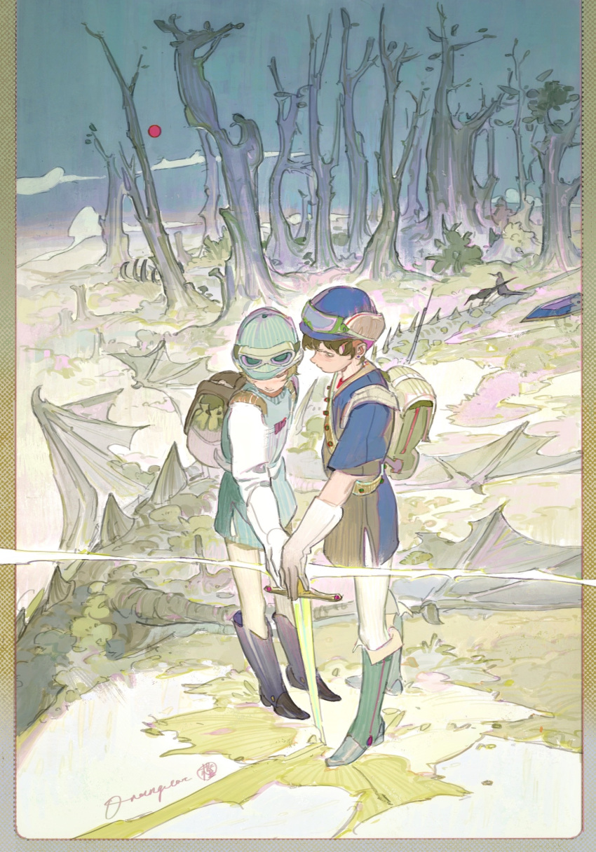 2boys anni_de_chengzi_mao artist_name bag bird black_footwear blue_headwear blue_shirt boots branch brown_eyes brown_hair bush closed_eyes closed_mouth clouds crow dragon earrings forest gloves grass green_footwear green_headwear helmet highres holding holding_sword holding_weapon jewelry light light_brown_hair looking_down moon multiple_boys nature original outdoors red_moon shirt short_sleeves signature sky standing sword tree weapon white_gloves