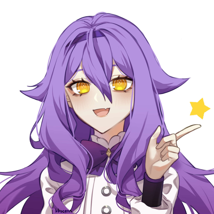 1girl bow commentary_request hair_between_eyes hand_up highres honkai_(series) honkai_impact_3rd kucen_(kkucenn) long_hair long_sleeves puffy_long_sleeves puffy_sleeves purple_bow purple_hair shirt signature simple_background sirin solo star_(symbol) upper_body white_background white_shirt yellow_eyes