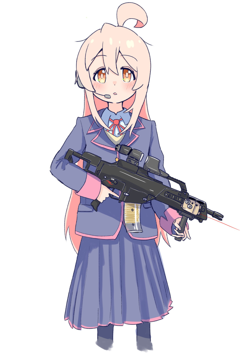 1girl absurdres ahoge blue_jacket blue_skirt brown_eyes commentary gun hair_between_eyes headset highres holding holding_gun holding_weapon jacket laser_sight light_blush long_hair long_sleeves looking_at_viewer onii-chan_wa_oshimai! open_mouth oyama_mahiro pink_hair riannn_desu school_uniform simple_background skirt solo straight-on trigger_discipline very_long_hair weapon white_background