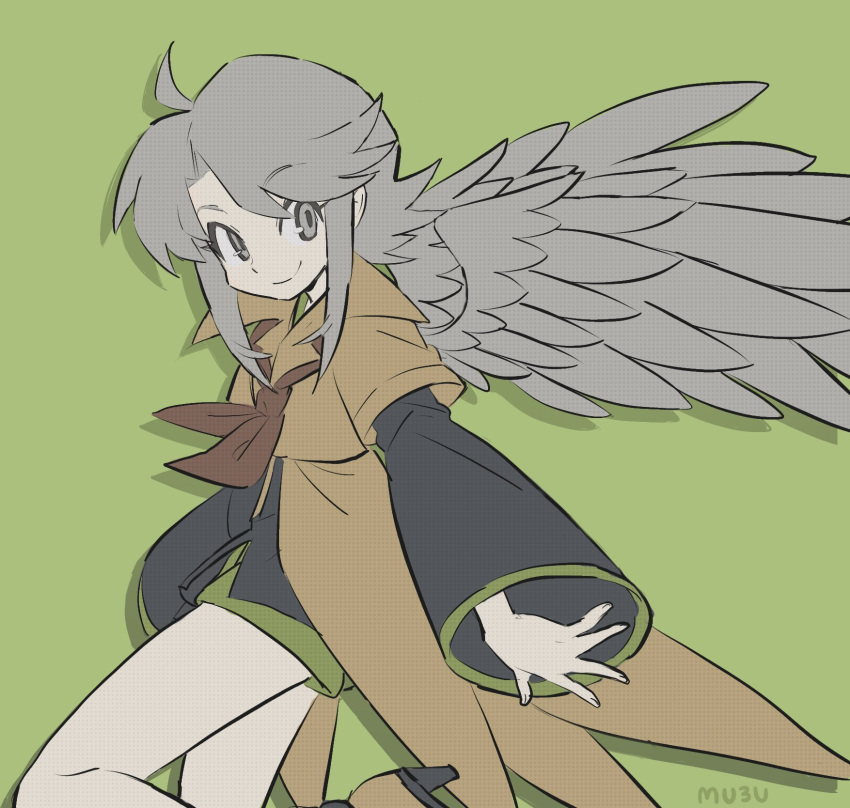 1other androgynous artist_name ascot black_shorts black_sleeves boots brown_ascot brown_coat brown_footwear closed_mouth coat collared_coat english_commentary feathered_wings fingernails flat_color green_background green_trim grey_eyes grey_hair grey_wings highres houlen_yabusame layered_sleeves leg_up len'en long_sleeves looking_at_viewer m3u3 puffy_short_sleeves puffy_sleeves shadow short_hair_with_long_locks short_over_long_sleeves short_sleeves shorts smile wide_sleeves wings