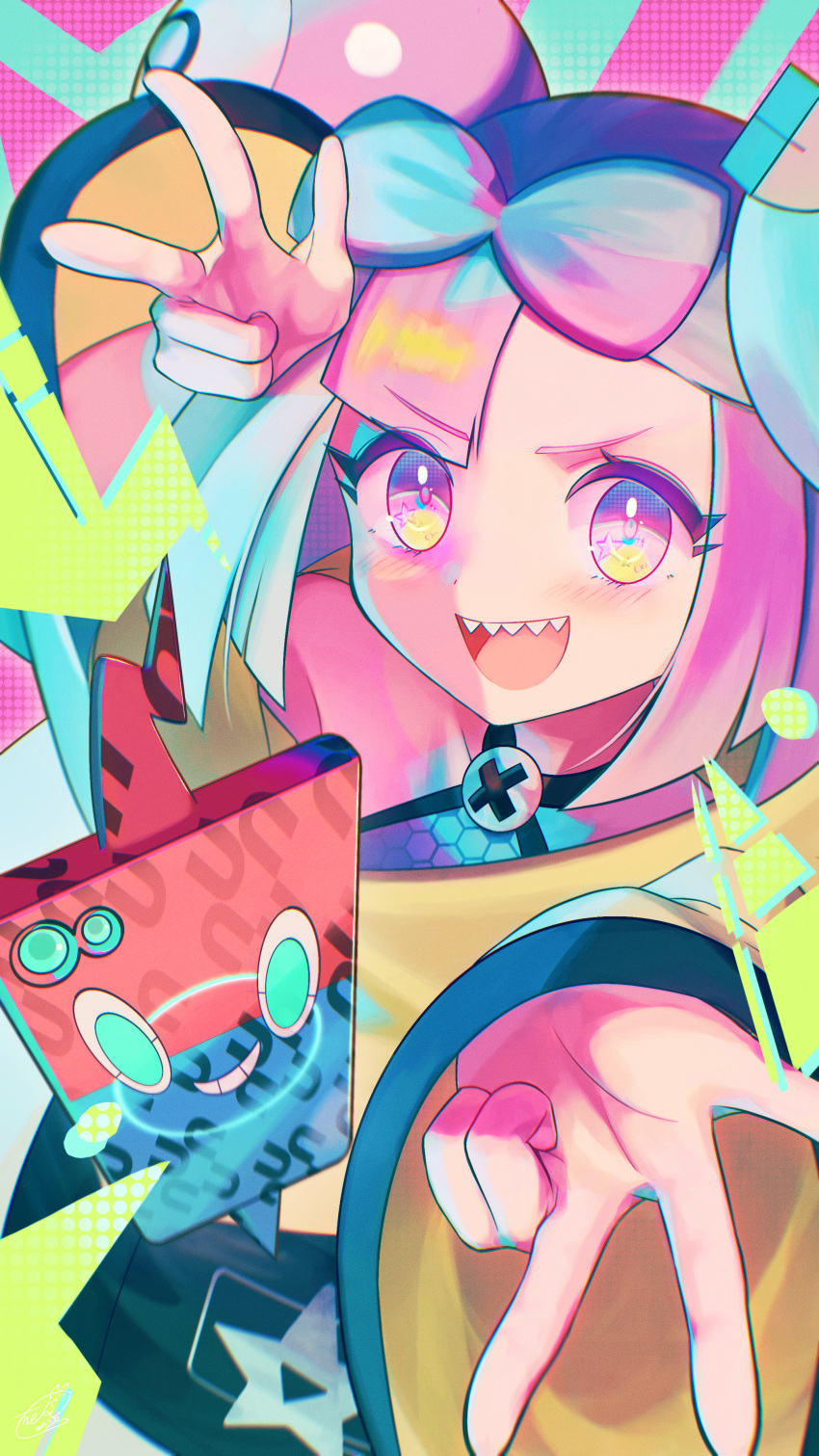 1girl :d absurdres blush bow-shaped_hair character_hair_ornament commentary_request double_w eyelashes grey_shirt hair_ornament highres iono_(pokemon) jacket long_sleeves multicolored_hair open_mouth pink_eyes pokemon pokemon_(game) pokemon_sv rotom rotom_phone shirt sleeveless sleeveless_shirt smile star_(symbol) star_in_eye star_print symbol_in_eye takaneko_(user_jths4354) teeth tongue two-tone_hair upper_teeth_only w yellow_jacket
