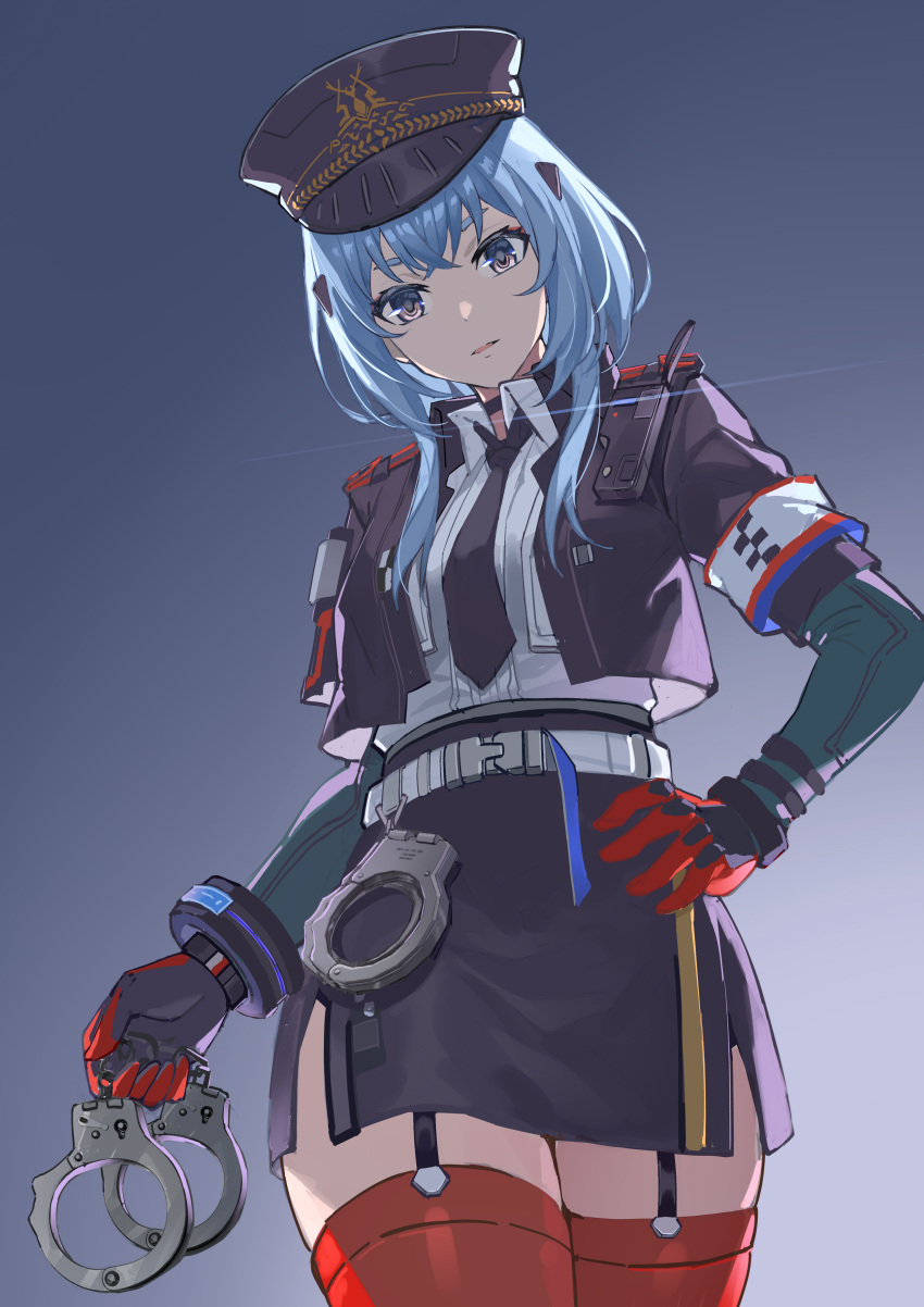 1girl absurdres alisa_(punishing:_gray_raven) belt black_headwear black_jacket black_necktie black_skirt blue_hair collared_shirt crossed_bangs cuffs echo_(punishing:_gray_raven) from_below hair_ornament hairclip handcuffs hat highres holding holding_handcuffs jacket looking_at_viewer mechanical_arms necktie parted_lips peaked_cap police punishing:_gray_raven red_thighhighs shirt short_hair_with_long_locks short_sleeves sidelocks skirt solo thigh-highs violet_eyes watchmen-001 white_shirt