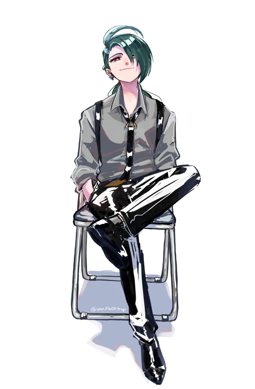 1girl ahoge androgynous black_footwear black_necktie black_pants bright_pupils chair collared_shirt commentary crossed_legs folding_chair full_body green_hair grey_shirt hair_over_one_eye half-closed_eyes hands_in_pockets highres looking_at_viewer low_ponytail necktie on_chair one_eye_covered pants pokemon pokemon_(game) pokemon_sv pon_(ponymmtknsk) red_eyes reverse_trap rika_(pokemon) shirt shoes signature simple_background sitting smile solo suspenders swept_bangs twitter_username white_background white_pupils