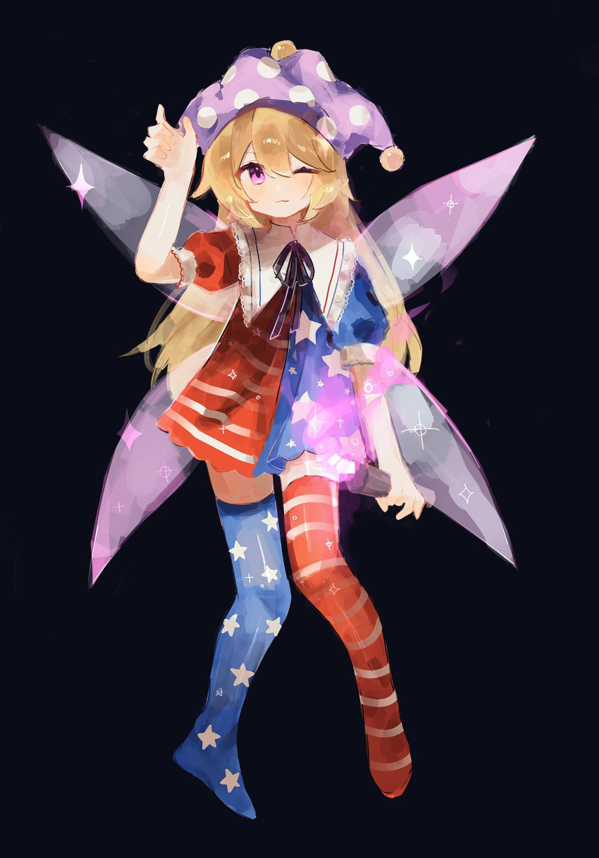 1girl adapted_costume american_flag_dress american_flag_legwear blonde_hair blush chicachang closed_mouth clownpiece dress fairy fairy_wings full_body hair_between_eyes hat highres holding holding_torch jester_cap long_hair one_eye_closed pink_eyes polka_dot polka_dot_headwear purple_headwear short_sleeves solo sparkle star_(symbol) star_print striped striped_dress striped_thighhighs thigh-highs torch touhou wings