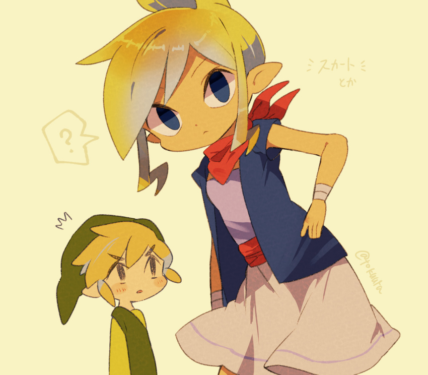 1boy 1girl artist_name closed_mouth commentary_request green_shirt hat highres link looking_at_viewer pointy_ears shirt short_hair simple_background tetra the_legend_of_zelda the_legend_of_zelda:_the_wind_waker tokuura toon_link tunic