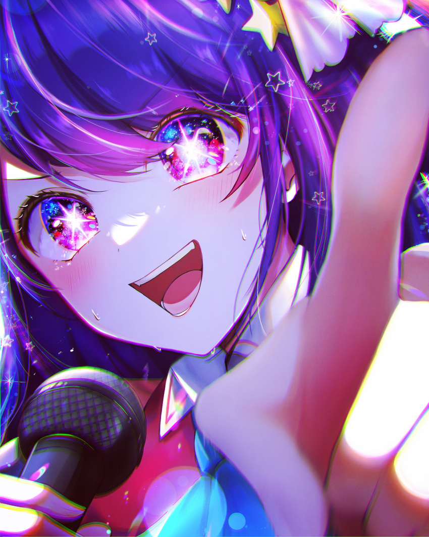 1girl ascot blue_ascot blue_eyes blurry blush chromatic_aberration close-up collared_dress depth_of_field dress hair_between_eyes hair_ornament highres holding holding_microphone hoshino_ai_(oshi_no_ko) idol idol_clothes long_hair looking_at_viewer mameko_(mamemame81) microphone multicolored_eyes music open_mouth oshi_no_ko pink_eyes pointing purple_hair sidelocks singing sleeveless sleeveless_dress solo sparkle star_(symbol) star_hair_ornament sweat teeth