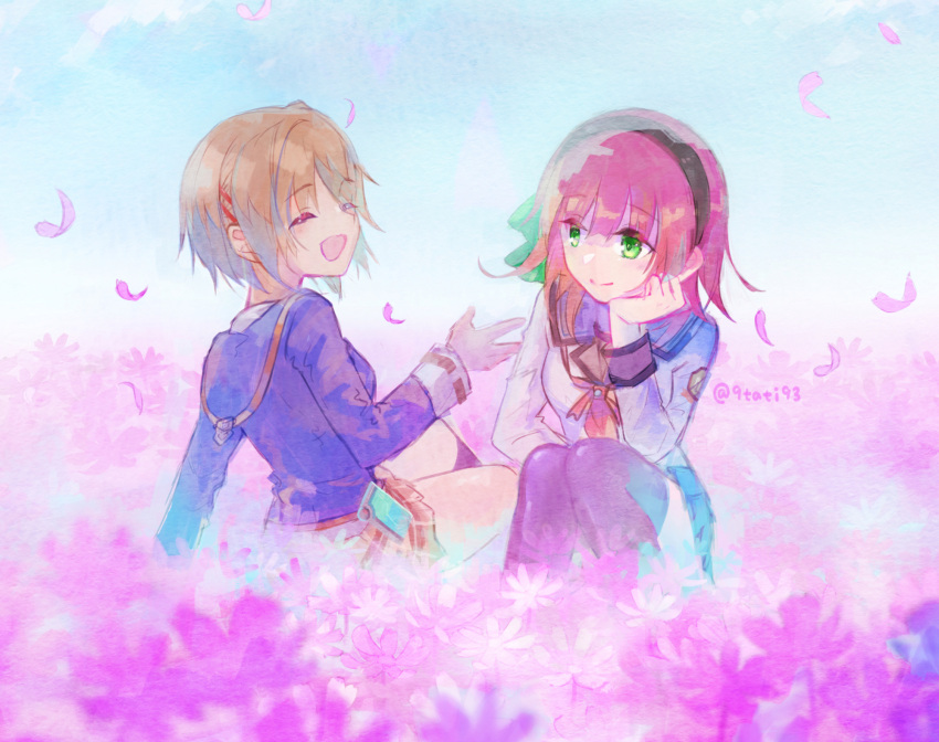 2girls :d angel_beats! black_hairband black_jacket black_thighhighs blue_sailor_collar blue_skirt blunt_bangs bow brown_hair brown_skirt closed_mouth commentary_request cosmos_(flower) eyelashes eyes_visible_through_hair facing_another falling_petals flower green_bow green_eyes hair_between_eyes hair_bow hair_ornament hairband hairclip hand_on_own_cheek hand_on_own_face hand_up heaven_burns_red highres jacket kayamori_ruka key_(company) kneeling knees_together_feet_apart kusarukusa light_blue_background light_blush long_sleeves looking_at_another medium_hair miniskirt multiple_girls nakamura_yuri neckerchief open_mouth petals pink_flower pink_neckerchief plaid plaid_skirt pleated_skirt sailor_collar shirt short_hair simple_background sitting skirt smile thigh-highs twitter_username white_shirt zettai_ryouiki