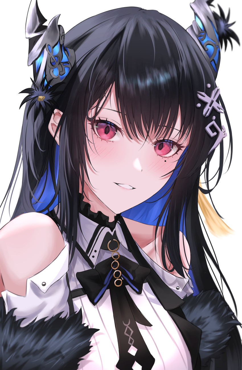 1girl absurdres asymmetrical_horns bare_shoulders black_hair blue_hair blush bow breasts close-up collared_shirt colored_inner_hair demon_horns fur_trim hair_ornament highres hololive hololive_english horns long_hair looking_at_viewer mole mole_under_eye multicolored_hair nerissa_ravencroft red_eyes rekku_n shirt smile solo two-tone_hair upper_body virtual_youtuber white_background