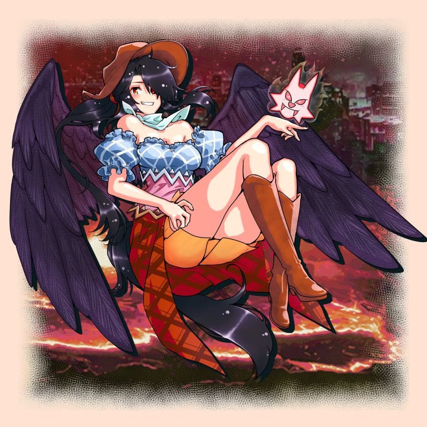 1girl bandana black_hair black_wings boots breasts brown_footwear carbohydrate_(asta4282) cowboy_hat full_body hat highres horse_girl horse_tail impossible_clothes kurokoma_saki looking_at_viewer low_ponytail multicolored_clothes off-shoulder_shirt off_shoulder overskirt pegasus_wings red_eyes shirt smile solo tail touhou white_bandana wings wolf_spirit_(touhou)