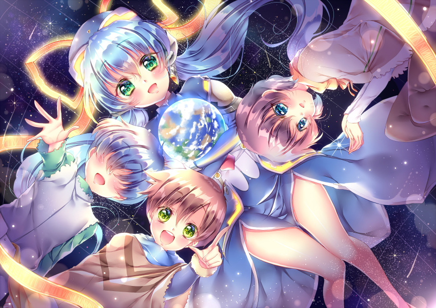 2boys 2girls :d absurdres blue_dress blue_eyes blue_hair blush brown_hair colored_eyelashes commentary_request crossed_arms drawn_whiskers dress dutch_angle earth_(planet) eyelashes female_child green_eyes hair_between_eyes hair_ribbon hair_spread_out hand_up happy highres hoshino_yumemi long_hair long_ribbon looking_at_viewer low_twintails lying male_child multiple_boys multiple_girls no_eyes object_hug on_back on_side open_hand open_mouth planet planetarian planetarium pointing pointing_at_viewer ribbon robot_ears shiny_skin short_hair smile sparkle thighs touki_matsuri twintails yellow_ribbon