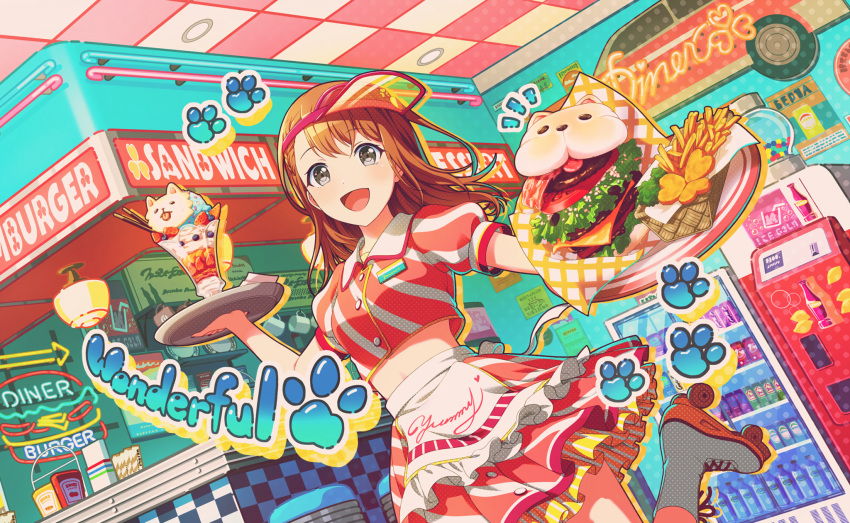 1girl apron bacon bar_stool basket blueberry blunt_bangs bottle braid bread_bun breasts brown_hair burger buttons can ceiling ceiling_light checkered_ceiling cheese chicken_nuggets clothes_writing clover coffee_mug colorful_palette crop_top cup diagonal-striped_skirt diagonal_stripes dot_nose dotabata_cafe_rec!!_(project_sekai) english_text eyelashes fast_food feet_up fingernails floating_hair fluorescent_lamp food freezer french_fries frilled_apron frilled_skirt frills fruit grey_eyes halftone hanasato_minori hanging_light happy highres ice_cream indoors ketchup_bottle lettuce looking_at_viewer medium_breasts medium_hair midriff mug mustard_bottle name_tag napkin_holder neon_lights official_art onion open_mouth outline paw_print paw_print_background pink_skirt plate pocky pop_art project_sekai puffy_short_sleeves puffy_sleeves restaurant roller_skates short_sleeves sign skates skirt smile soda_can soda_fountain solo sprinkles stool strawberry striped striped_skirt sundae tareme third-party_source tomato tray uniform visor_cap waist_apron waitress whipped_cream white_apron yellow_outline