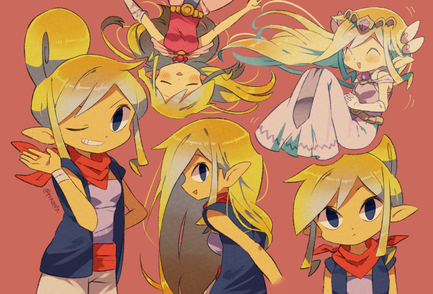 2girls alternate_hairstyle artist_name commentary_request dress from_side hair_bun long_hair looking_at_viewer multiple_girls multiple_persona one_eye_closed pink_dress pointy_ears princess_zelda simple_background smile tetra the_legend_of_zelda the_legend_of_zelda:_the_wind_waker tokuura toon_zelda very_long_hair