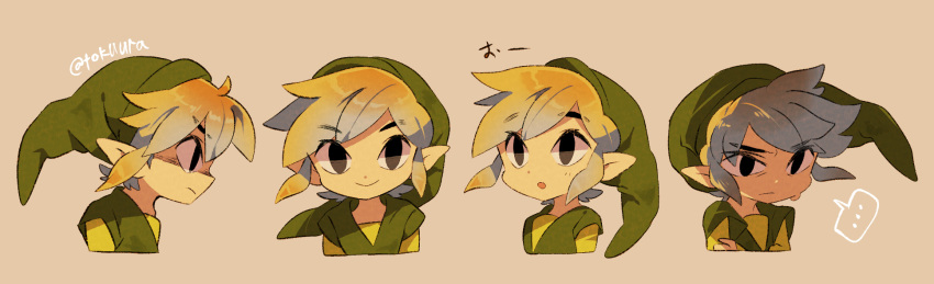 1boy artist_request closed_mouth green_shirt hat highres link looking_at_viewer multiple_persona pointy_ears shirt short_hair simple_background the_legend_of_zelda the_legend_of_zelda:_spirit_tracks the_legend_of_zelda:_the_wind_waker tokuura toon_link translation_request tunic
