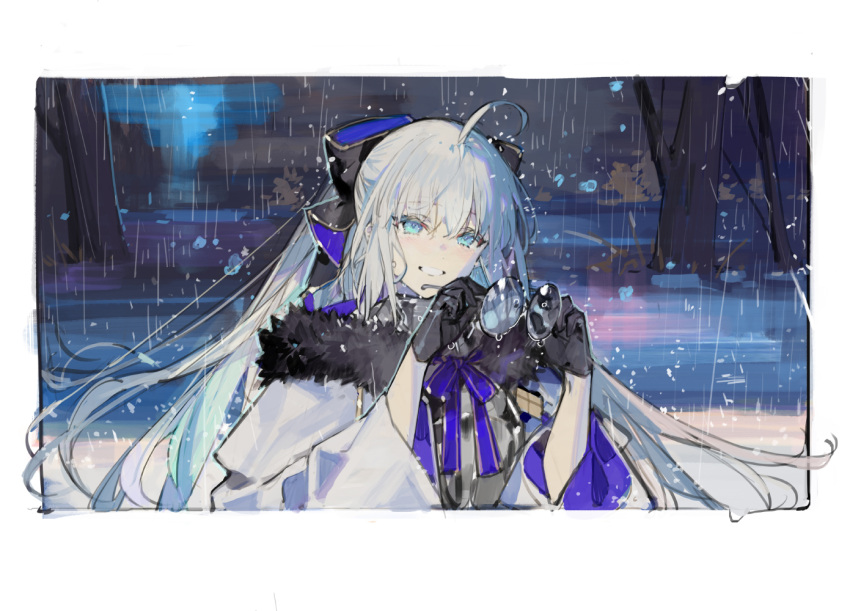 1girl ahoge armor armored_dress black_bow black_fur black_gloves blue_bow blue_bowtie blue_eyes blue_ribbon blush border bow bowtie bush coat eyewear_removed fate/grand_order fate_(series) fur-trimmed_coat fur_trim gloves grey_hair hair_between_eyes hair_bow holding holding_removed_eyewear long_sleeves looking_at_viewer morgan_le_fay_(fate) outdoors rain ribbon road smile solo starshadowmagician street teeth tonelico_(fate) tree upper_body wet wet_clothes wet_hair white_border