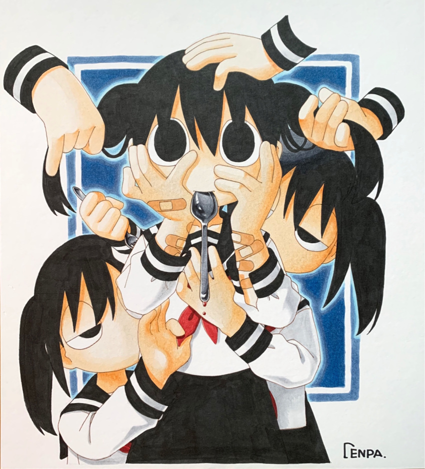6+girls absurdres bandaid bandaid_on_arm behind_another black_eyes black_hair black_sailor_collar black_skirt blue_background border clone commentary disembodied_limb explosion_psycho grey_border haguruma_hasami half-closed_eyes hands_on_own_cheeks hands_on_own_face headpat highres holding holding_another's_hair holding_spoon long_sleeves looking_at_another looking_at_viewer marker_(medium) multiple_girls neckerchief no_mouth no_pupils original outline outside_border red_neckerchief sailor_collar school_uniform serafuku shikishi shirt skirt sleeve_cuffs spoon straight-on too_many_bandaids traditional_media twintails unbuttoned_sleeves utensil_in_mouth white_shirt wide-eyed