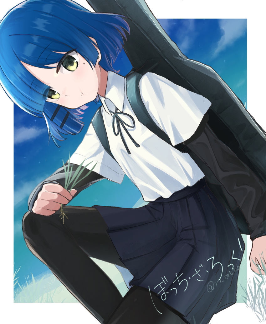 1girl black_pantyhose black_skirt blue_hair blue_shirt bocchi_the_rock! closed_mouth clouds collared_shirt copyright_name dutch_angle eating feet_out_of_frame flat_chest grass guitar_case hair_ornament hairclip highres instrument_case knee_up looking_at_viewer mole mole_under_eye neck_ribbon outdoors pantyhose ribbon riko_(ri_cotta_c) shirt shirt_tucked_in shirt_under_shirt short_hair sitting skirt solo twitter_username white_shirt yamada_ryo yellow_eyes