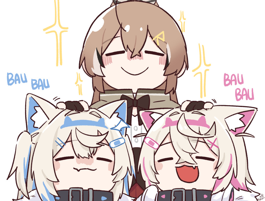 3girls :3 :d =_= animal_ear_fluff animal_ears bandaid_hair_ornament black_gloves blonde_hair blush_stickers brown_hair commentary crossed_bangs dog_ears english_commentary fang fang_out fuwawa_abyssgard gloves hair_between_eyes hair_ornament hairclip headpat highres hololive hololive_english long_hair mococo_abyssgard multiple_girls nanashi_mumei open_mouth partially_fingerless_gloves shinobu_otaku short_hair siblings skin_fang smile sparkle twins virtual_youtuber x_hair_ornament