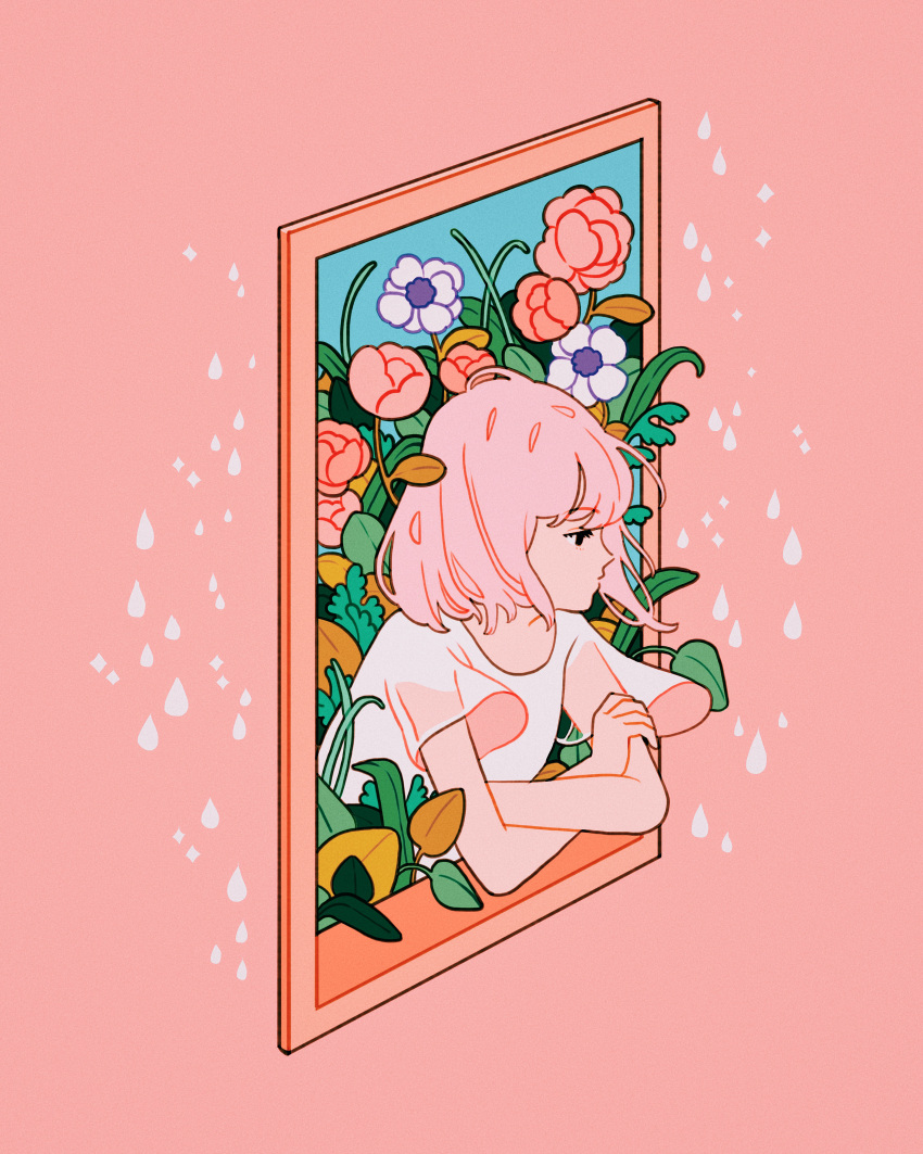 1girl absurdres arm_support closed_mouth commentary crossed_arms english_commentary flower highres medium_hair meyoco original pink_background pink_flower pink_hair pink_rose plant profile rose shirt short_sleeves solo upper_body white_flower white_shirt window