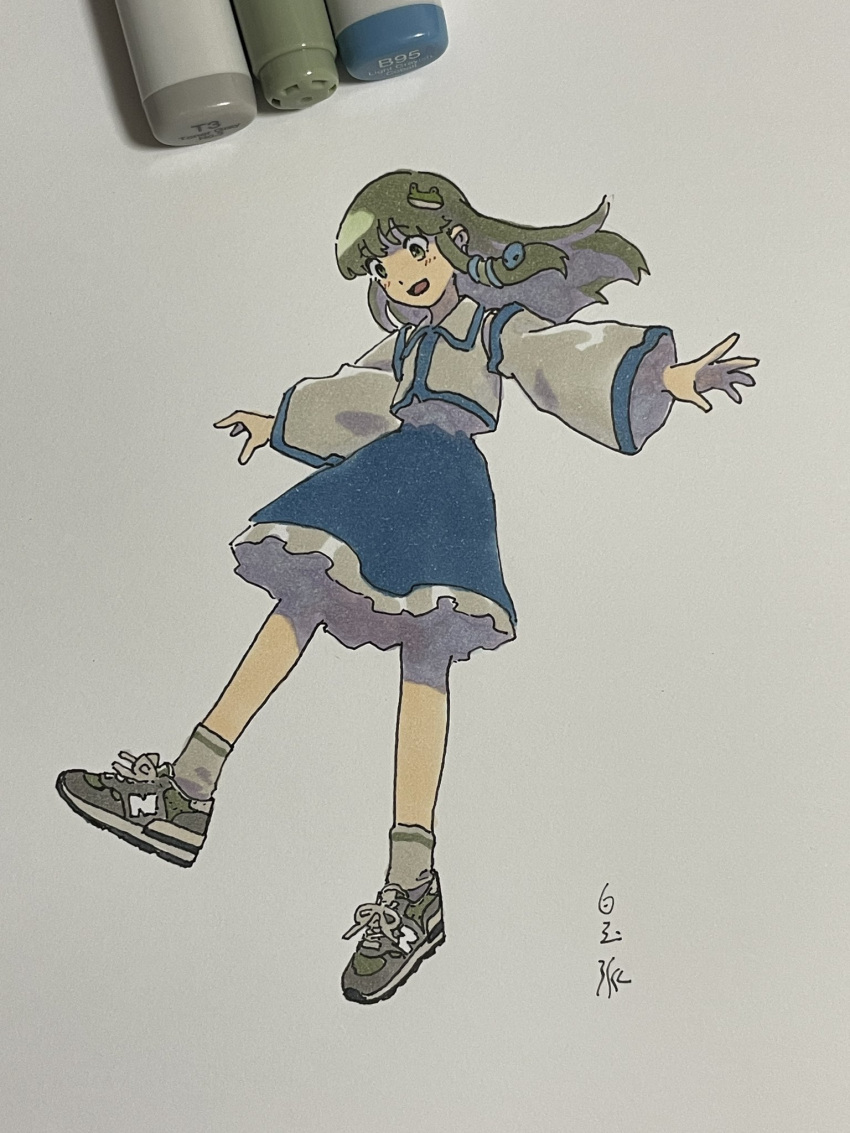 1girl :d art_tools_in_frame blue_skirt blush collared_shirt detached_sleeves frilled_skirt frills frog_hair_ornament full_body green_eyes green_footwear green_hair hair_ornament highres kochiya_sanae long_hair looking_down marker marker_(medium) outstretched_arms photo_(medium) shiratama_(hockey) shirt shoes signature single_sidelock skirt sleeveless sleeveless_shirt smile snake_hair_ornament sneakers socks solo spread_arms touhou traditional_media white_background white_shirt white_sleeves white_socks
