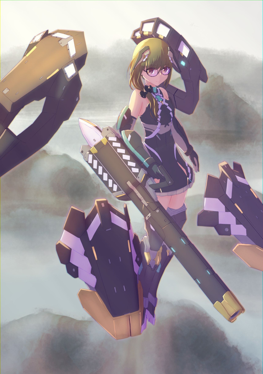 1girl absurdres alice_gear_aegis black_dress brown_hair commentary_request deltamegasiki dress elbow_gloves floating floating_object garyu_emi glasses gloves gun highres holding holding_gun holding_weapon mecha_musume mechanical_arms mechanical_legs purple_hair solo weapon