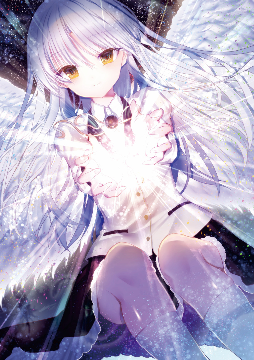 1girl absurdres angel angel_beats! angel_wings black_skirt closed_mouth commentary_request dutch_angle emphasis_lines energy energy_ball eyelashes eyes_visible_through_hair feathered_wings feet_out_of_frame floating floating_hair floating_object frilled_skirt frills hair_between_eyes highres jacket light_blush light_particles long_hair looking_at_viewer miniskirt neck_ribbon open_hands outstretched_arms partial_commentary ribbon rincha_(rinrinrincha) school_uniform simple_background sitting skirt smile socks solo straight-on tachibana_kanade white_hair white_socks white_wings wings yellow_eyes yellow_jacket yellow_ribbon