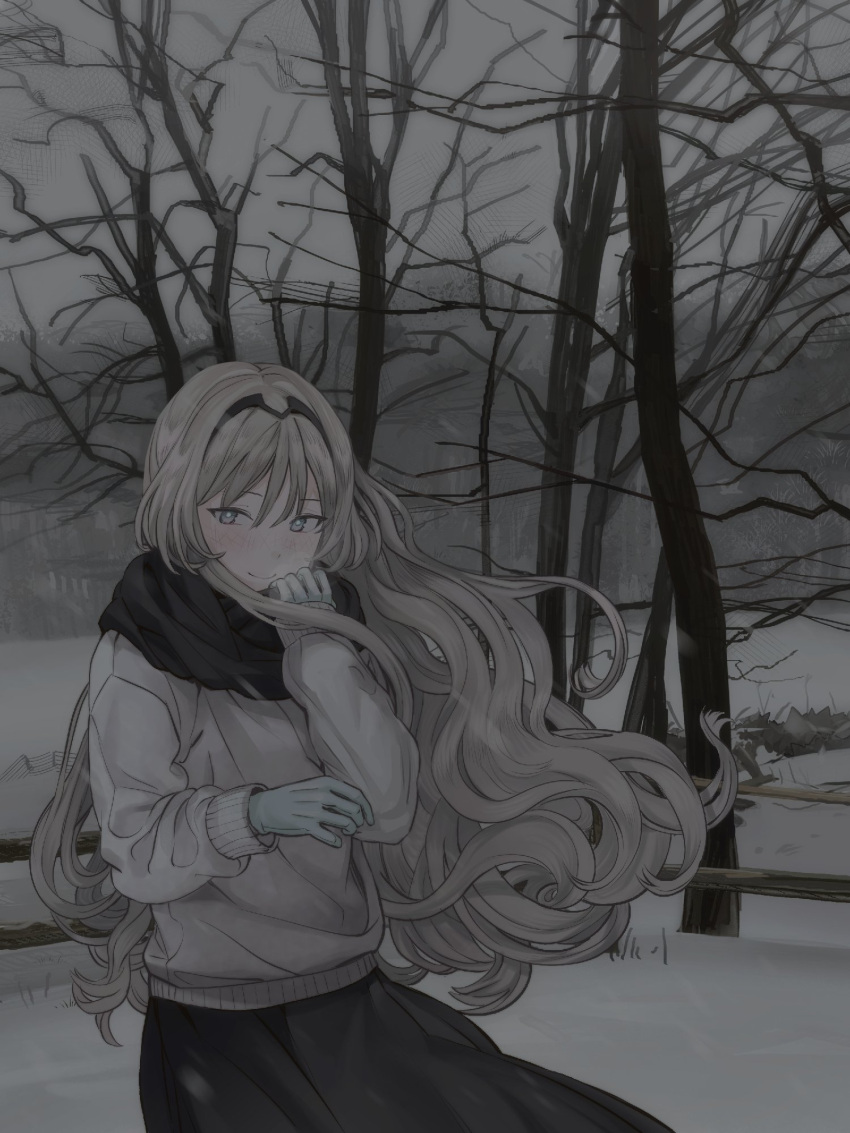 1girl an-94_(girls'_frontline) bare_tree blonde_hair blue_eyes blush breath commission commissioner_upload floating_hair girls_frontline gloves grey_theme highres long_hair looking_at_viewer outdoors overcast sardine_(feshtail) scarf sky smile snow solo sweater tree winter