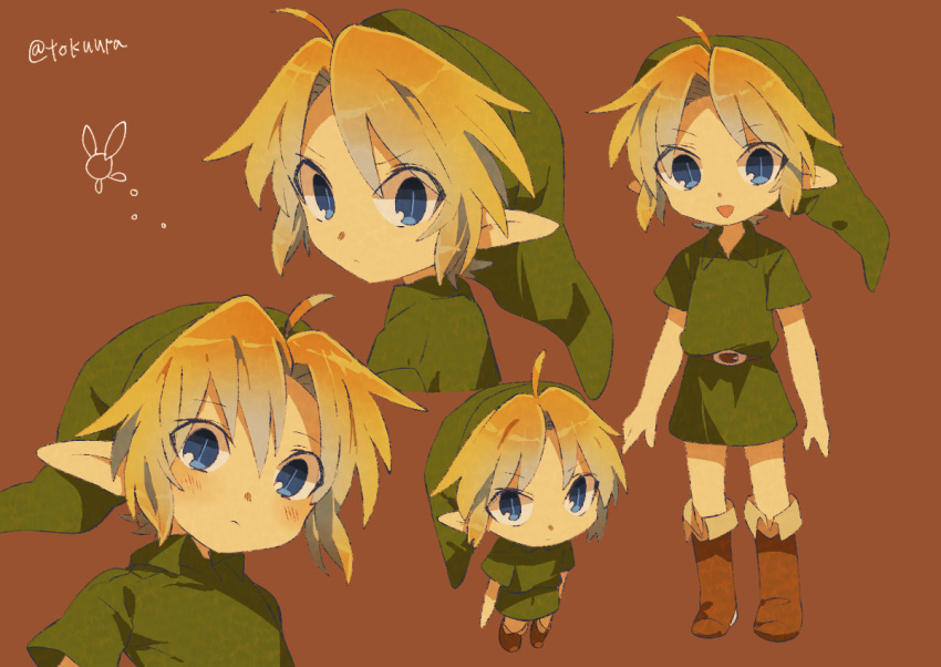 1boy ahoge artist_name belt belt_buckle blonde_hair blue_eyes blush boots brown_background brown_belt brown_footwear buckle closed_mouth collared_shirt commentary_request expressionless facing_away fairy full_body green_headwear green_shirt hand_on_own_hip hands_up hat link looking_at_viewer male_focus multiple_views navi parted_bangs pointy_ears shirt short_hair short_sleeves sidelocks simple_background smile the_legend_of_zelda the_legend_of_zelda:_ocarina_of_time tokuura twitter_username upper_body young_link