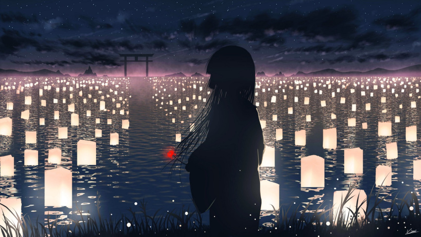 1girl afloat black_hair clouds cloudy_sky enma_ai flower from_behind highres holding holding_flower jigoku_shoujo lantern lantern_on_liquid long_hair long_sleeves night night_sky outdoors paper_lantern red_flower reflection scenery silhouette sky solo spider_lily star_(sky) starry_sky torii vinci_v7 water