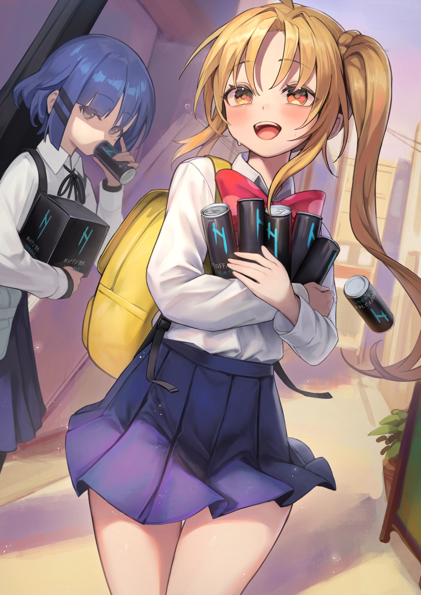 2girls absurdres backpack bag blonde_hair blue_hair blue_skirt blush bocchi_the_rock! bow brown_eyes can closed_mouth collared_shirt drinking hair_ornament hairclip hakusyokuto highres holding holding_can ijichi_nijika indoors long_hair long_sleeves looking_at_viewer mole mole_under_eye multiple_girls open_mouth pleated_skirt red_bow school_uniform shirt short_hair side_ponytail skirt smile teeth tongue upper_teeth_only white_shirt yamada_ryo