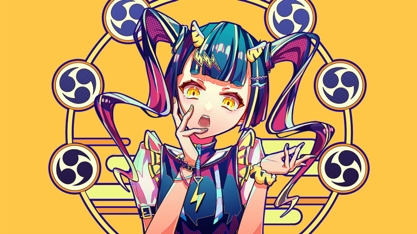 1girl black_hair black_nails black_shirt brown_background brown_nails character_request commentary_request egasumi hair_ornament hands_up head_tilt hiro_chikyuujin horns lightning_bolt_hair_ornament lightning_bolt_symbol long_hair looking_at_viewer mitsudomoe_(shape) multicolored_hair nail_polish original puffy_short_sleeves puffy_sleeves purple_hair scrunchie shirt short_eyebrows short_sleeves simple_background solo thick_eyebrows tomoe_(symbol) twintails two-tone_hair upper_body vocaloid wrist_scrunchie yellow_eyes yellow_scrunchie