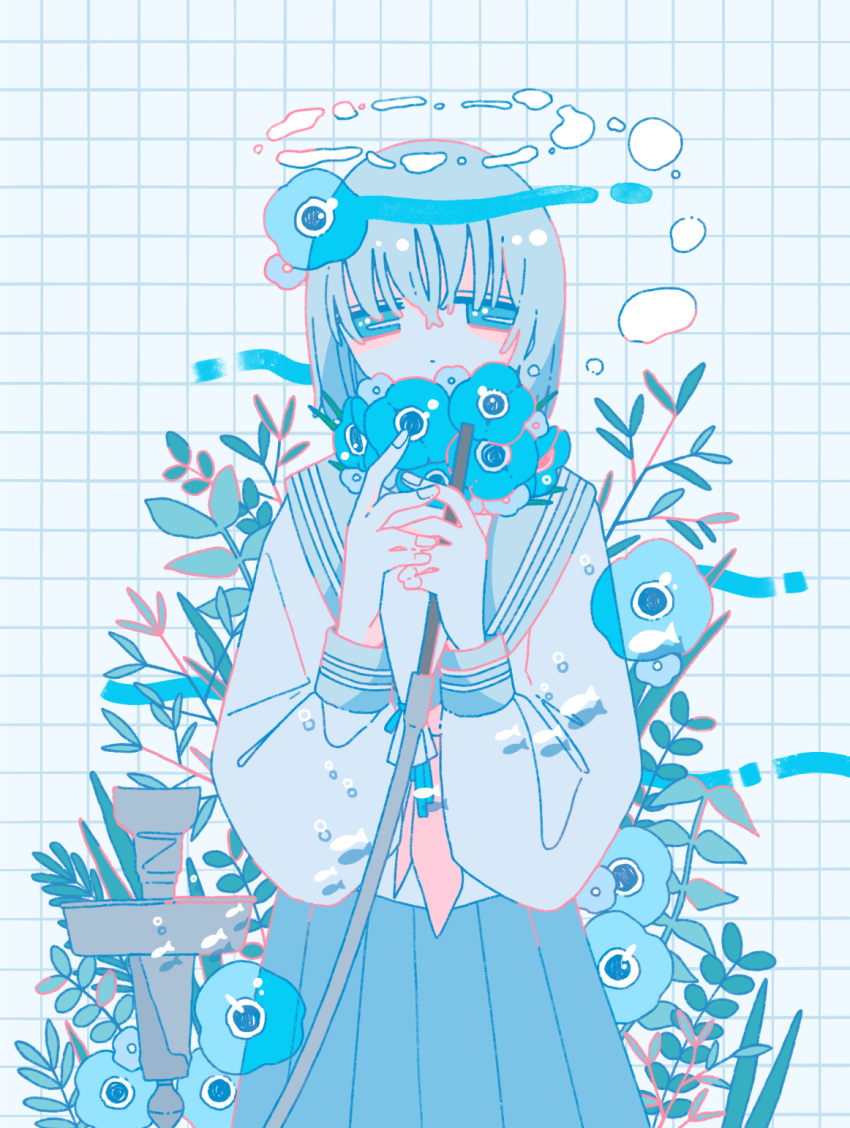 1girl air_bubble anemone_(flower) blue_eyes blue_flower blue_skirt blush bob_cut bubble closed_mouth dot_mouth flower fountain grey_hair grey_sailor_collar halo highres holding holding_flower jitome long_bangs long_sleeves looking_at_viewer original own_hands_together plant pleated_skirt sailor_collar school_uniform serafuku shirt short_hair sidelocks simple_background skirt sleeve_cuffs solo sskitaco straight-on tile_wall tiles underwater white_background white_shirt wispy_bangs