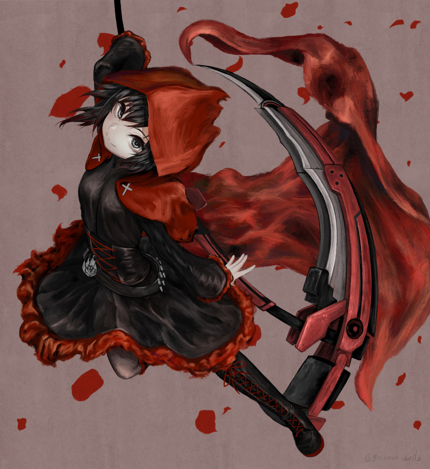 1girl absurdres black_dress black_hair boots brown_background cape crescent_rose cross-laced_footwear dress falling_petals frilled_dress frills grey_eyes highres holding holding_scythe holding_weapon hood hooded_cape knee_boots lace-up_boots petals red_cape rose_petals rwby scythe short_hair solo weapon