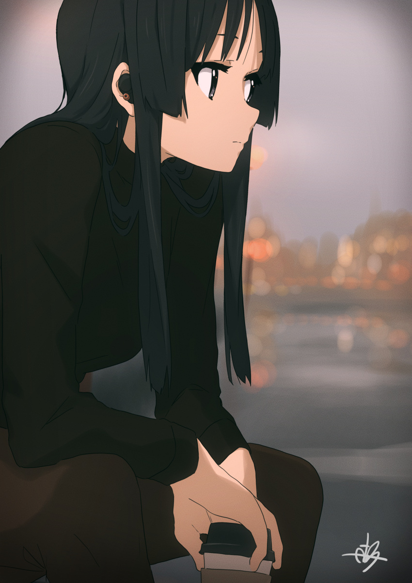 1girl absurdres akiyama_mio black_eyes black_hair black_sweater blurry blurry_background brown_pants closed_mouth coffee_cup commentary_request cup disposable_cup expressionless highres k-on! kicchi_(tmgk) long_hair pants portrait sitting solo sweater wireless_earphones