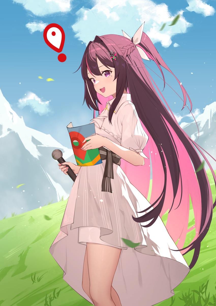 1girl absurdres azki_(hololive) braid collared_dress colored_inner_hair day dress geoguessr grass hair_intakes hair_ornament hairpin highres holding holding_map hololive long_hair looking_at_viewer map microphone mole mole_under_eye multicolored_hair oeyama open_mouth outdoors pin pink_hair ponytail smile solo violet_eyes virtual_youtuber white_dress