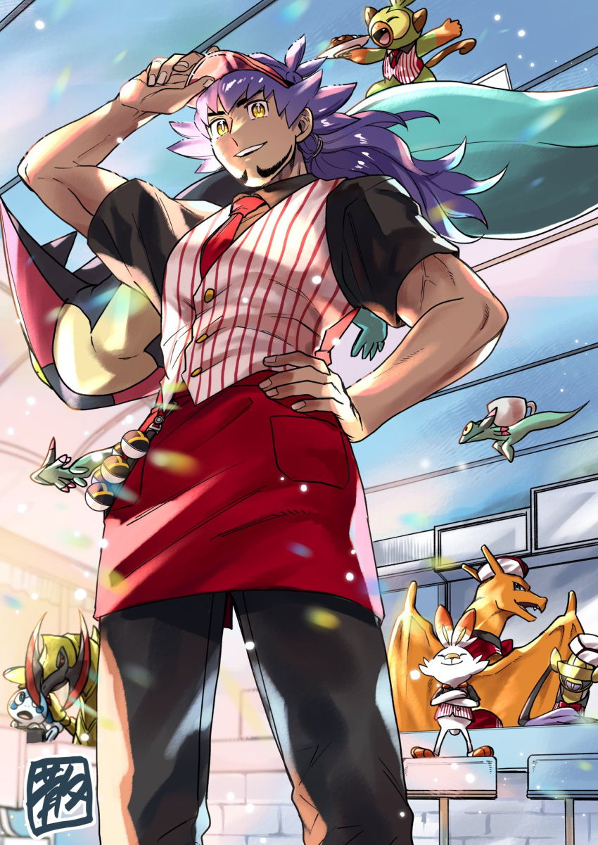 1boy alternate_costume apron black_pants black_shirt buttons charizard collared_shirt commentary_request cup dragapult dreepy grookey hand_on_headwear hand_on_own_hip haxorus highres indoors leon_(pokemon) male_focus necktie neo_barani pants poke_ball pokemon pokemon_(creature) pokemon_(game) pokemon_swsh red_apron red_necktie scorbunny shirt short_sleeves sobble standing stool ultra_ball vest visor_cap waist_apron