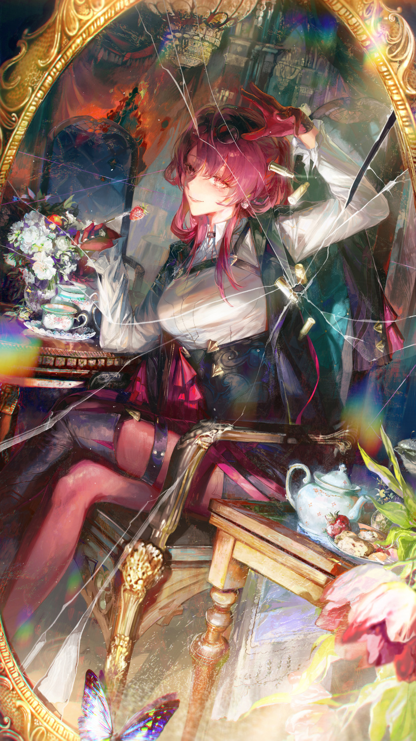 1girl absurdres arm_up black_jacket black_shorts boots bug butterfly chair chandelier commentary_request crack cracked_glass crossed_legs cup daylightallure eyewear_on_head feet_out_of_frame flower food fork fruit gloves high-waist_shorts highres holding holding_fork honkai:_star_rail honkai_(series) indoors jacket jewelry kafka_(honkai:_star_rail) long_hair long_sleeves looking_at_viewer mirror multiple_rings on_chair pantyhose pantyhose_under_shorts purple_gloves purple_hair purple_pantyhose ring round_eyewear saucer shell_casing shirt shorts single_thigh_boot sitting smile solo strawberry sunglasses table teacup thigh_boots violet_eyes white_flower white_shirt