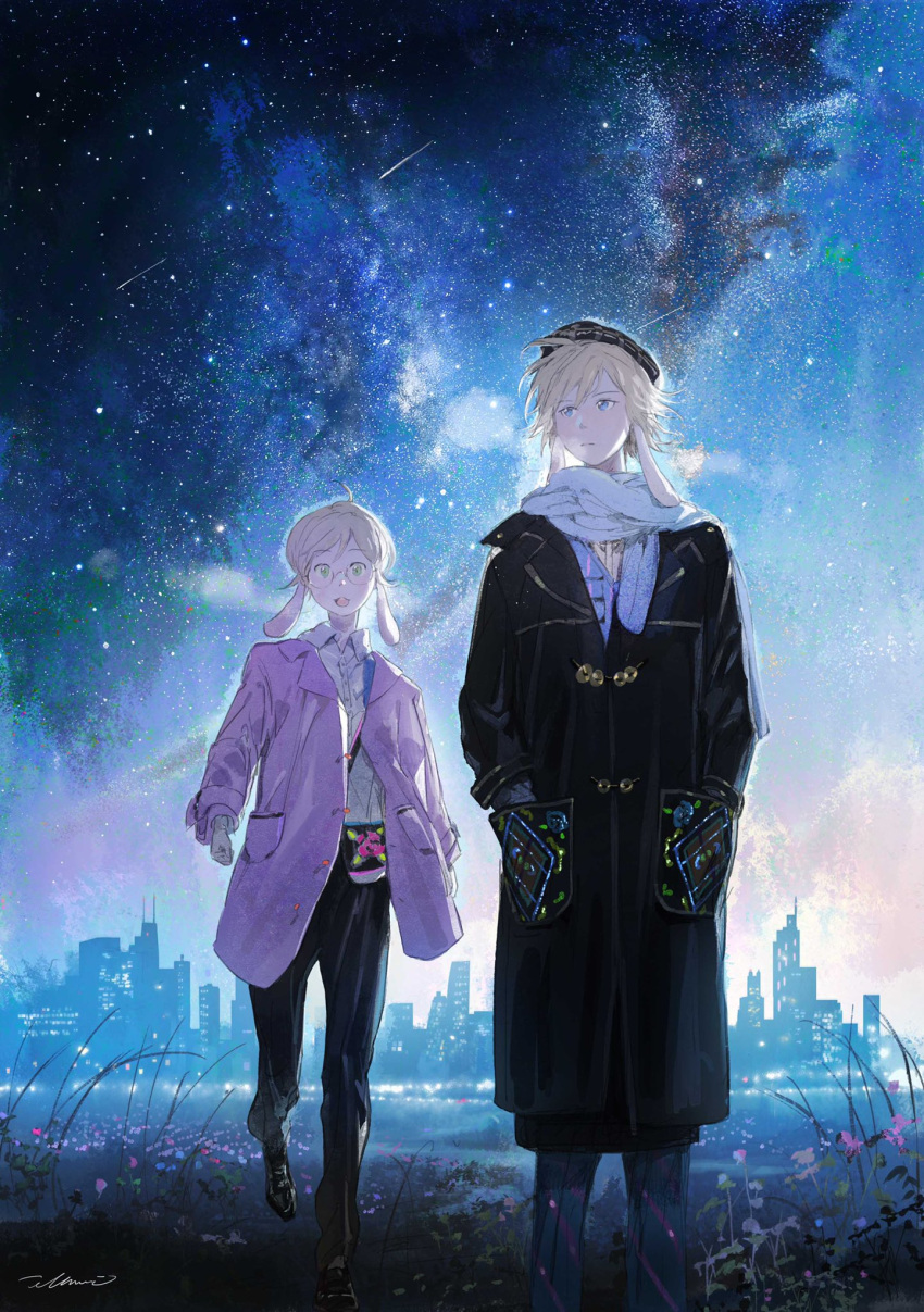 2boys ahoge animal_ears artist_name beret black_coat black_headwear black_pants blonde_hair blue_eyes blue_flower blue_scarf city city_lights closed_mouth coat cold falling_star flower grass green_eyes hair_between_eyes hands_in_pockets hat highres illumi999 long_sleeves looking_to_the_side multiple_boys night night_sky open_clothes open_coat open_mouth original outdoors pants petals pink_coat purple_flower rabbit_boy rabbit_ears scarf serious shirt short_hair sidelocks signature sky smile standing star_(sky) starry_sky striped striped_pants walking white_shirt