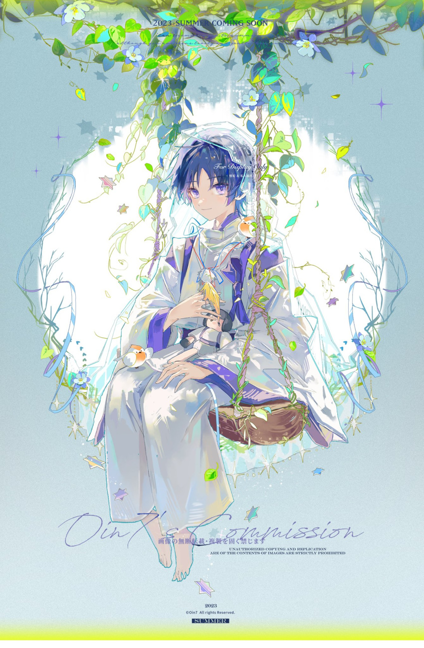 1boy animal_on_shoulder barefoot bird bird_on_shoulder black_hair blue_background blue_flower blue_ribbon branch character_doll closed_mouth commission copyright dated detached_sleeves falling_leaves feathers feet flower full_body genshin_impact highres japanese_clothes kimono layered_sleeves leaf long_sleeves looking_at_viewer male_focus multicolored_hair neck_ribbon pants parted_bangs plant pom_pom_(clothes) purple_hair purple_kimono red_ribbon ribbon rope scaramouche_(genshin_impact) scaramouche_(kabukimono)_(genshin_impact) short_hair sidelocks simple_background sitting smile solo sparkle star_(symbol) summer swing toes u37777123 veil vest vines violet_eyes watermark white_background white_flower white_pants white_sleeves white_vest wide_sleeves
