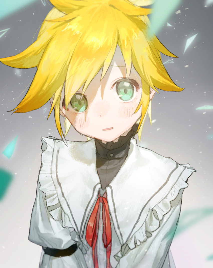1boy 25-ji_len 25-ji_nightcord_de._(project_sekai) armband black_armband blonde_hair blurry close-up collared_shirt commentary depth_of_field dot_nose frilled_shirt_collar frills furrowed_brow gradient_background green_eyes grey_background grey_sailor_collar hair_strand head_tilt high_collar highres kagamine_len light_blush light_particles long_sleeves looking_at_viewer male_focus neck_ribbon parted_bangs parted_lips pogpa47985618 project_sekai puffy_long_sleeves puffy_sleeves red_ribbon ribbon sailor_collar shade shirt shy simple_background spiky_hair swept_bangs tareme triangle upper_body v_arms vocaloid white_background white_shirt wide-eyed
